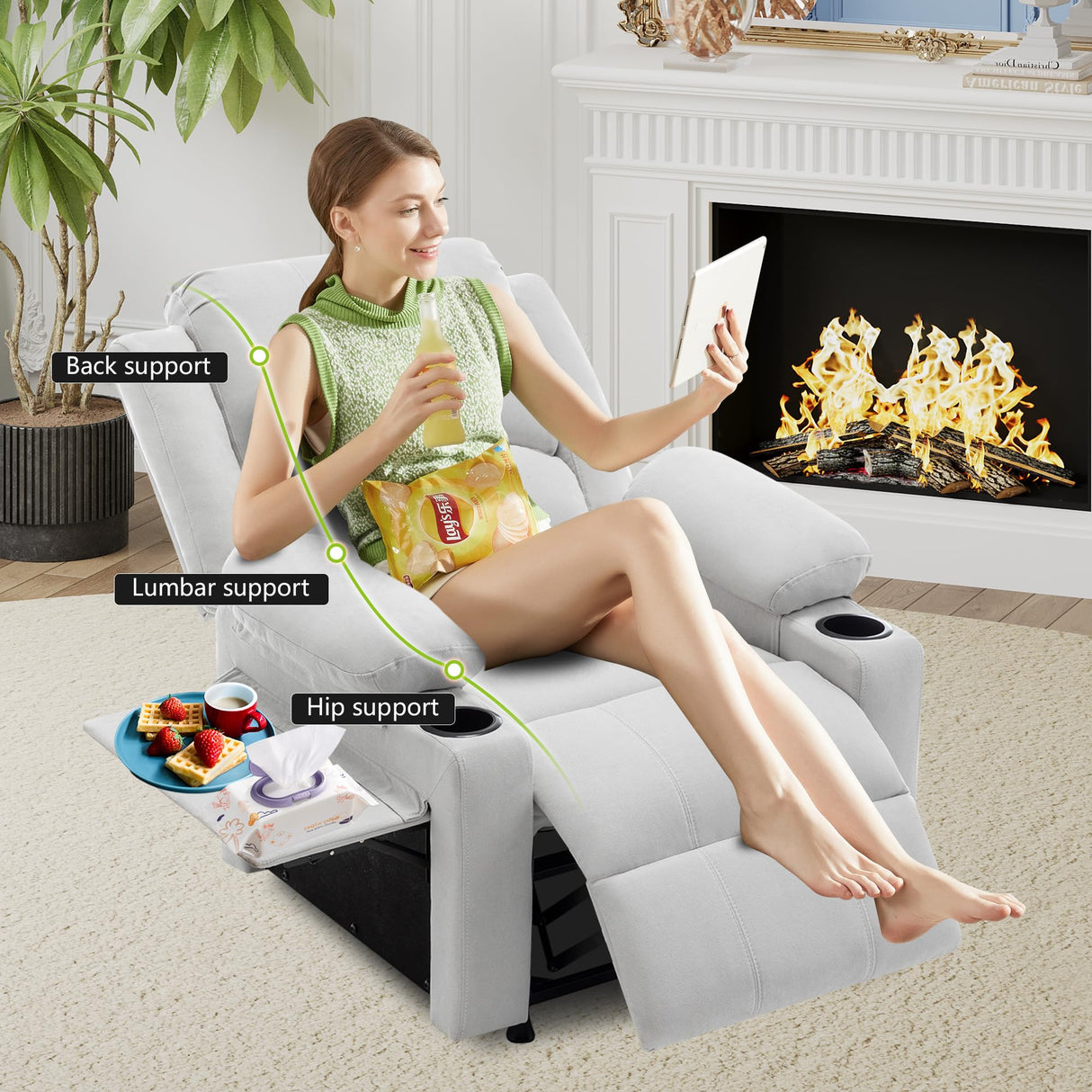 Power Recliner Chair for Adults,Upholstered Nursery Reclining Sofa Chair,Heating Point Massage Theater Seating Single Sofa with Side Pockets Table for Living Room-Grey White Alunaune