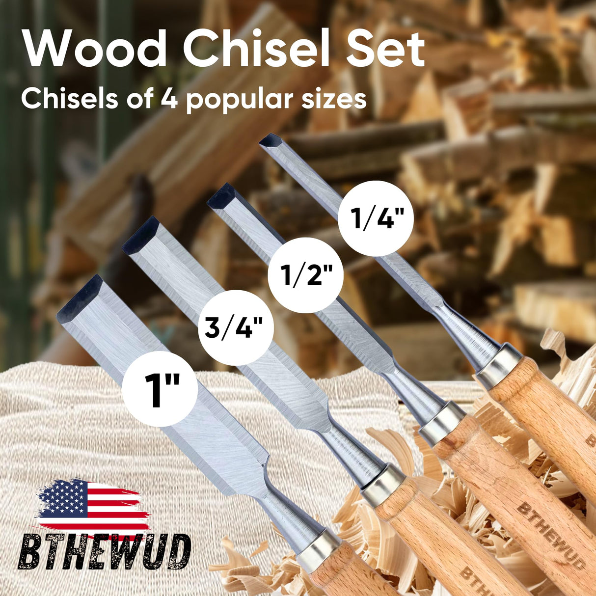 Wood Chisel Set – set of 4 Woodworking Chisels w/CR-V Steel Blades, Zipper Bag - Anti-Rust Coating Wood Chisels for Woodworking - Lightweight & Durable Carpenter Tools for Woodworking BTHEWUD