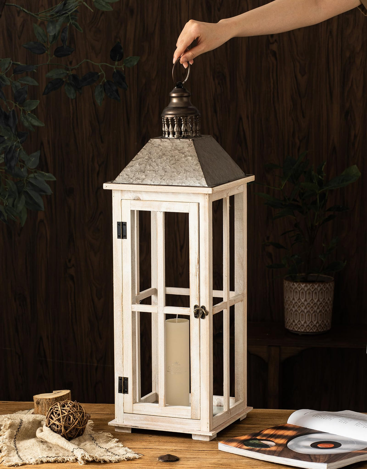 TIMRIS Large Rustic Wooden Decorative Lantern Set of 2, Modern Farmhouse Distressed Whitewash Floor Candle Lanterns, Indoor/Outdoor Hanging Lanterns for Home Decor (No Glass) TIMRIS