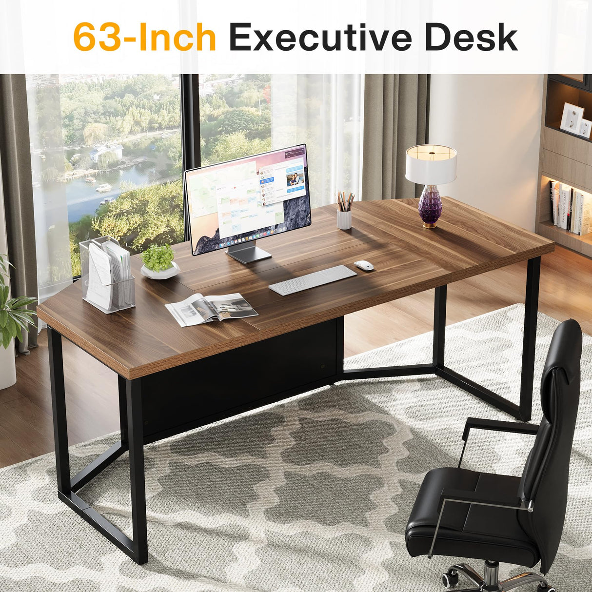 Tribesigns 63 Inch Executive Desk, Large Computer Desk with Privacy Panel, Modern Simple Style Home and Office Desk, Gaming Desk Writing Table Study Desk Business Furniture, Brown and Black Tribesigns