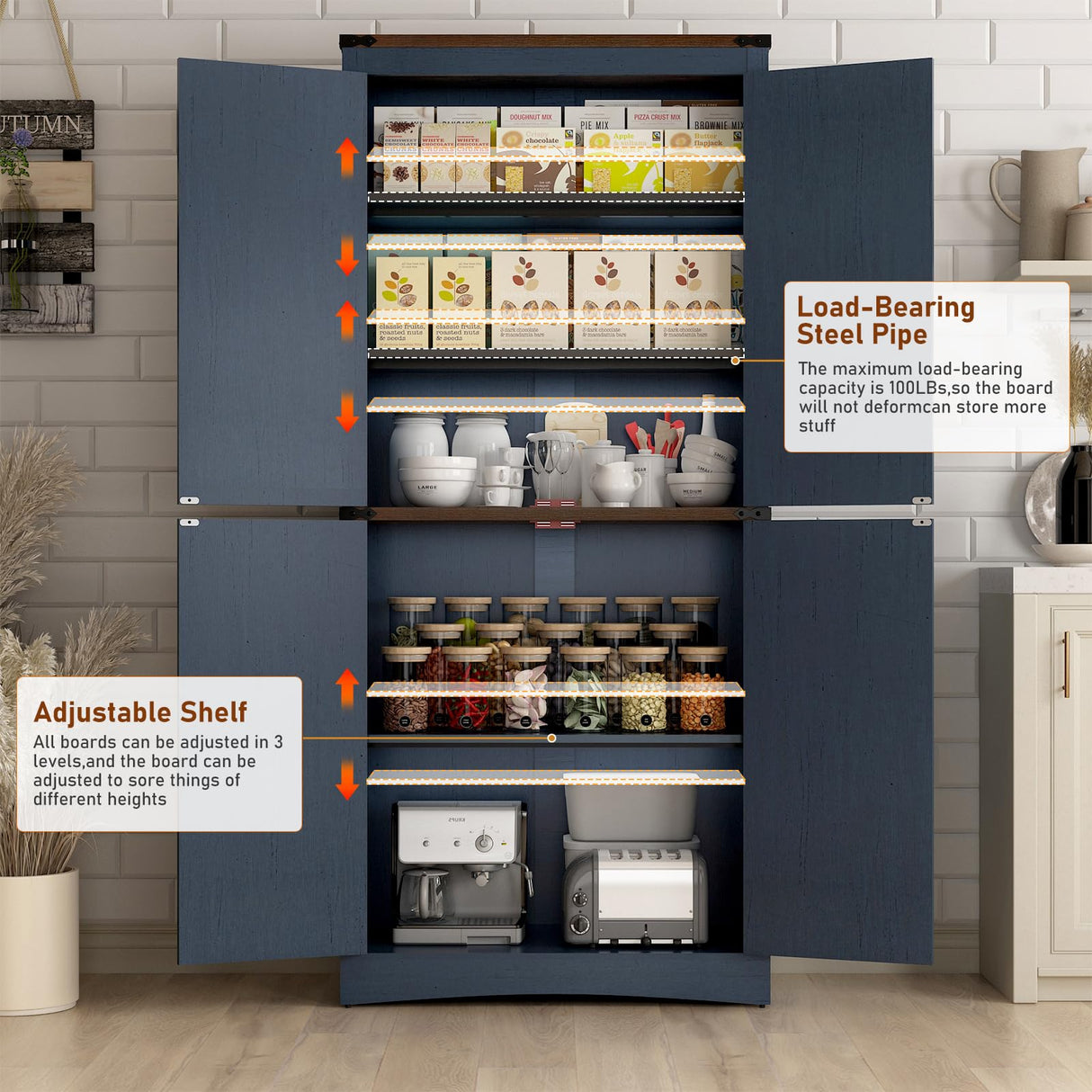 Hlivelood 71" Tall Kitchen Pantry,Farmhouse Storage Cabinet with Adjustable Shelves,Load-Bearing Steel Pipe,Farmhouse Pantry Cabinet with 4 Barn Doors,for Kitchen,Dining Room,Living Room(Blue) Hlivelood