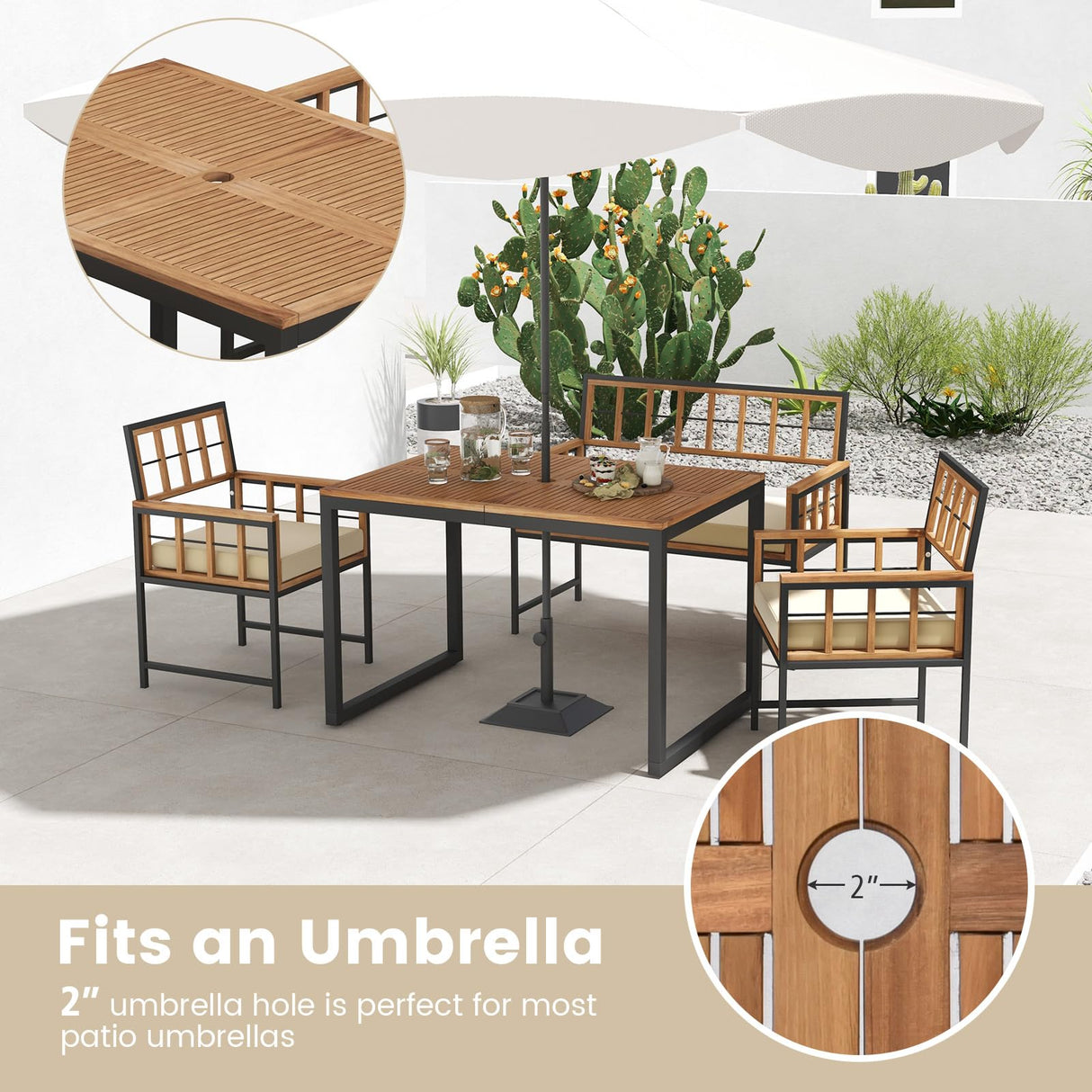 Tangkula 4 Piece Patio Dining Set, Outdoor Wood Dining Furniture W/ 2 Chairs & 1 Loveseat, 47” Acacia Wood Table W/Umbrella Hole, Cozy Seat Cushions, Outside Furniture Set for Backyard, Poolside Tangkula