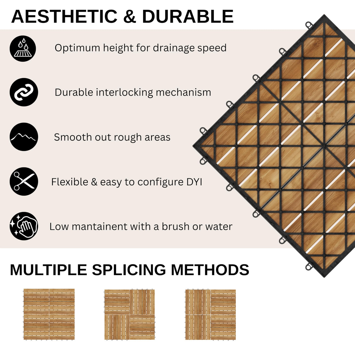 9 PCS Interlocking Deck Tiles 12" x 12" - Premium Acacia Wood Patio Tiles Waterproof - Deck Tiles Interlocking All Weather Waterproof Flooring - Easy Installation for Indoor & Outdoor (Golden Steak) J CLOVER