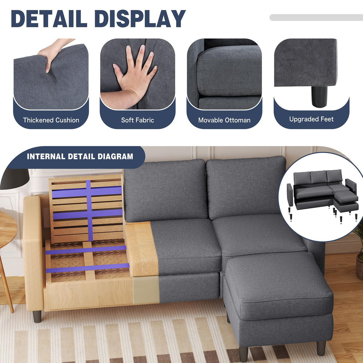 Shintenchi Small Sectional Sofa Couch, 3 Seat L Shaped Couches with Ottoman, Upholstered Fabric Convertible Sofa, Small Couch for Apartments, Living Room and Office (Dark Grey) Shintenchi