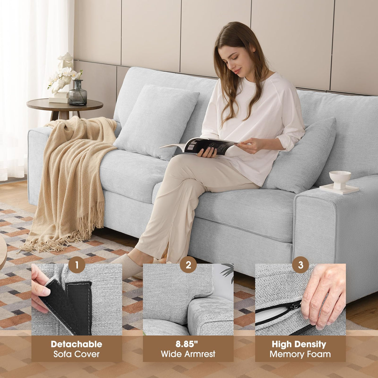 DOPEDIO Modern Loveseat Sofa for Living Room,Chenille Recliner, Removable Cover, Spring Cushions, Solid Wood Frame, Easy Assembly for Small Spaces (71.25inch,Light Gray) DOPEDIO