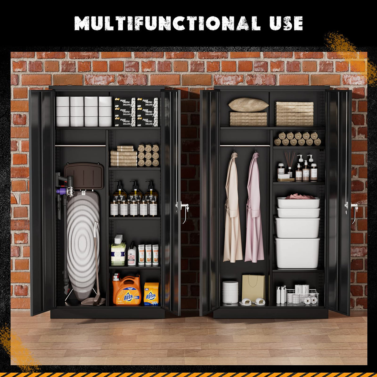 Greenvelly Metal Wardrobe Cabinet with Doors and Hanging Rod, Lockable Steel Storage Wardrobe Cabinet Bedroom Storage Cabinet, Clothes Closet for Home, Office and Bedroom, School,Gym(Black) Greenvelly