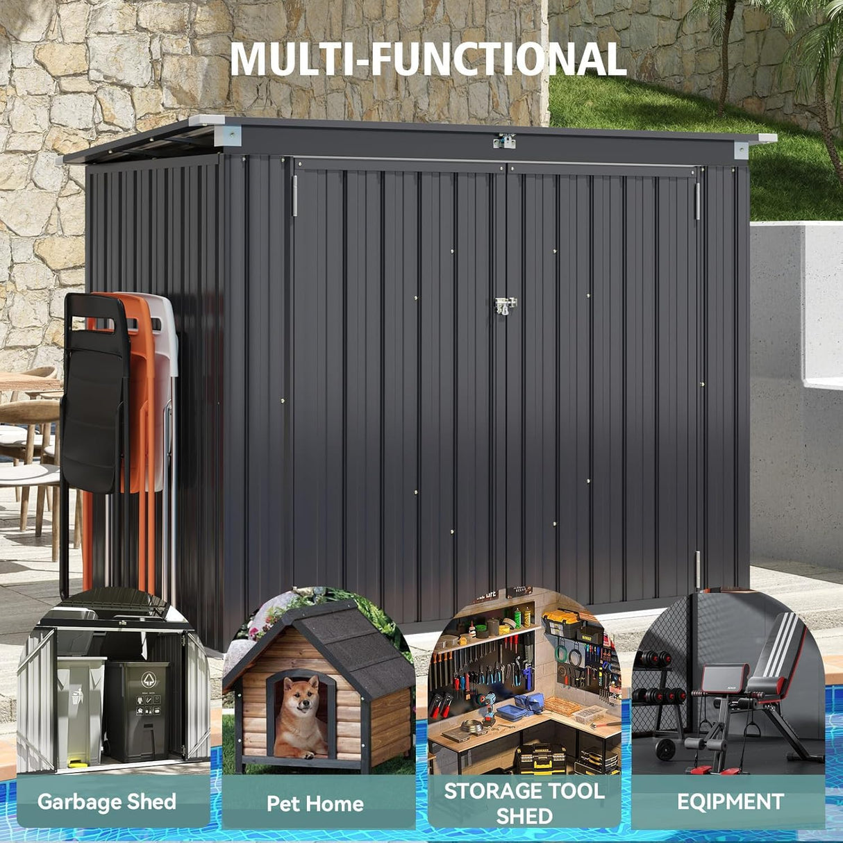 Breezestival 80 Cu. Ft Outdoor Trash Can Shed with Pneumatic Support Rod, 5x3 Ft Outdoor Storage Shed w/Lockable Doors & Waterproof Lid Chain, for Patio/Garden/Backyard Breezestival