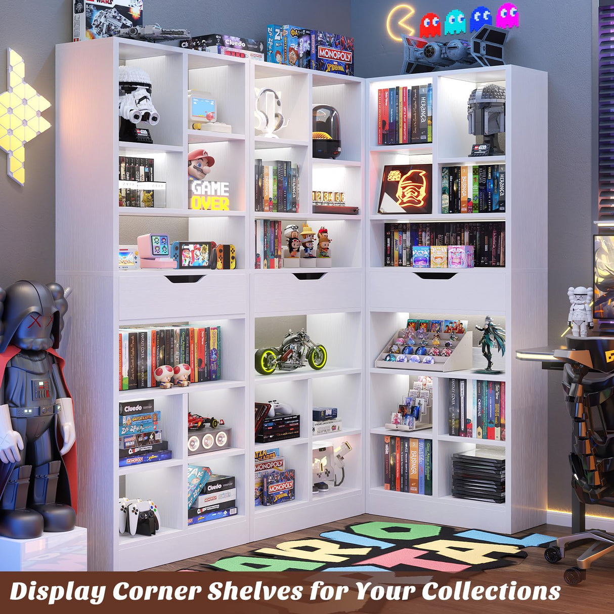 Armocity 8-Tier Book Shelf with Drawer, 73.6" Tall Bookcase and Bookshelf Modern Freestanding Open Display Shelves for Living Room Home Office, Bedroom, White Armocity