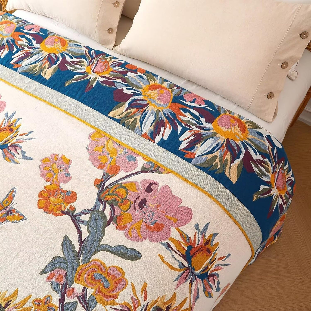 Wzvzss Boho Throw Blanket - 100% Cotton Soft Throw Blanket for Bed, 50"x60" Reversible Breathable Lightweight Fall Blankets, All Seasons Farmhouse Decor Floral Plant Butterfly Throw Quilt Wzvzss