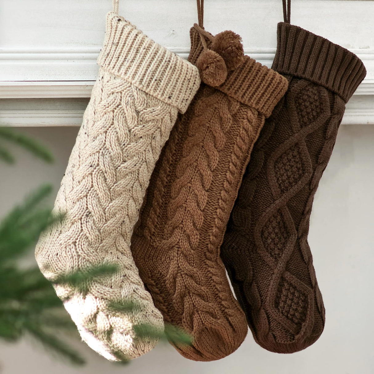 Pawliss Farmhouse Knitted Christmas Stockings: 3 Pack 18 Inch Neutral Cable Knit Fireplace Stockings, Cozy Hanging Xmas Stockings Rustic Stocking Decorations for Family Holiday Décor, Earth Tones Pawliss