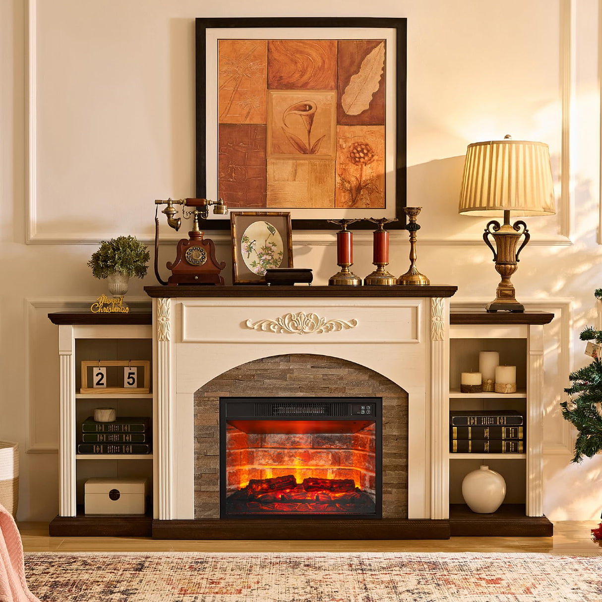 72" Electric Fireplace with Mantel, Farmhouse TV Stand for TVs Up to 80 Inch, White Entertainment Center with Storage for Bedroom,23'' Red Brick Fireplace Insert Heater with LED Flame for Living Room BOSHIRO