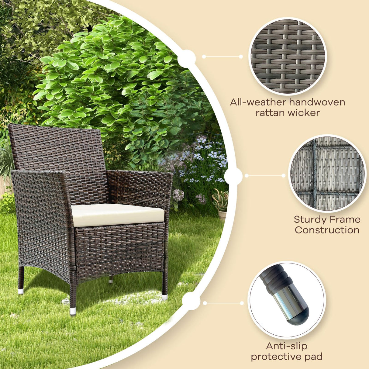TINKLE WELL Outdoor Patio Furniture, 4 Pieces Rattan Chairs Wicker Conversation Set with Tempered Glass Table, Cushion, for Yard, Garden, Poolside, Porch, Bistro, Balcony, Brown and Beige TINKLE WELL