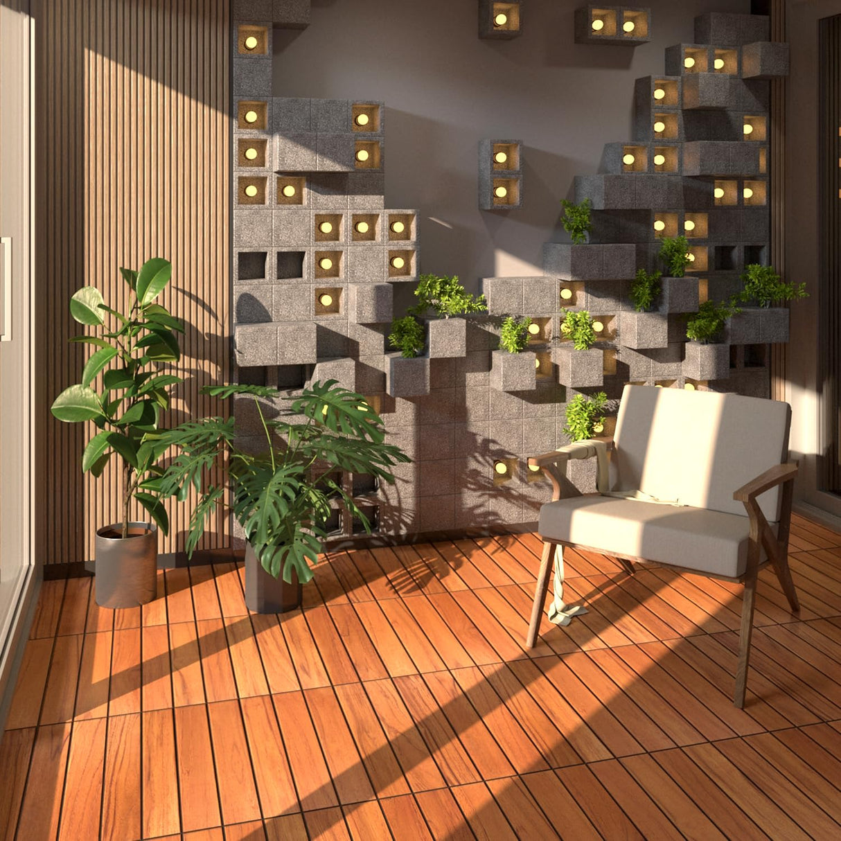 Teak Interlocking Deck Tile (Pack of 9,), Interlocking Patio Tile in Solid Teak Wooden Oiled Finish Waterproof All Weather Perfect for Indoor Outdoor (6 Slat, Teak Wood-9Pcs) RAKYTO