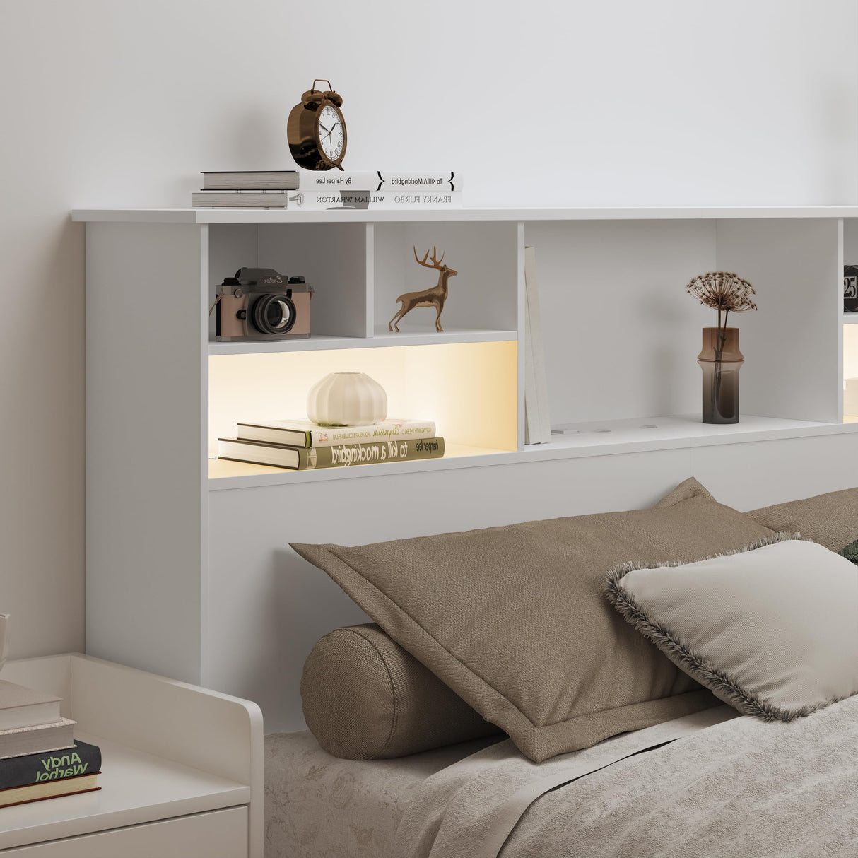 AYEASY Queen/Full Size Headboard Only for Bedroom, Wood Bookcase Headboard with Charging Station & 2 LED Lights, Stylish Queen Headboard for Queen Size Bed, Noise-free HeadBoard with Storage, White AYEASY