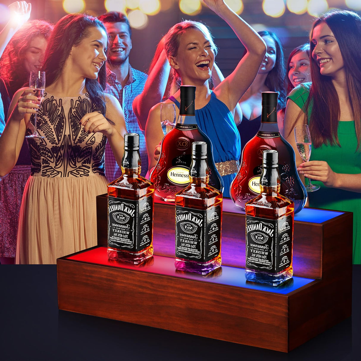 B4Life LED Lighted Liquor Bottle Display Shelf, 2 Tier 16 Inch LED Bar Shelves for Liquor Bottles, Bar Bottle Display Shelf, Lighted Liquor Shelf, Bar Lights for Liquor Shelves B4Life