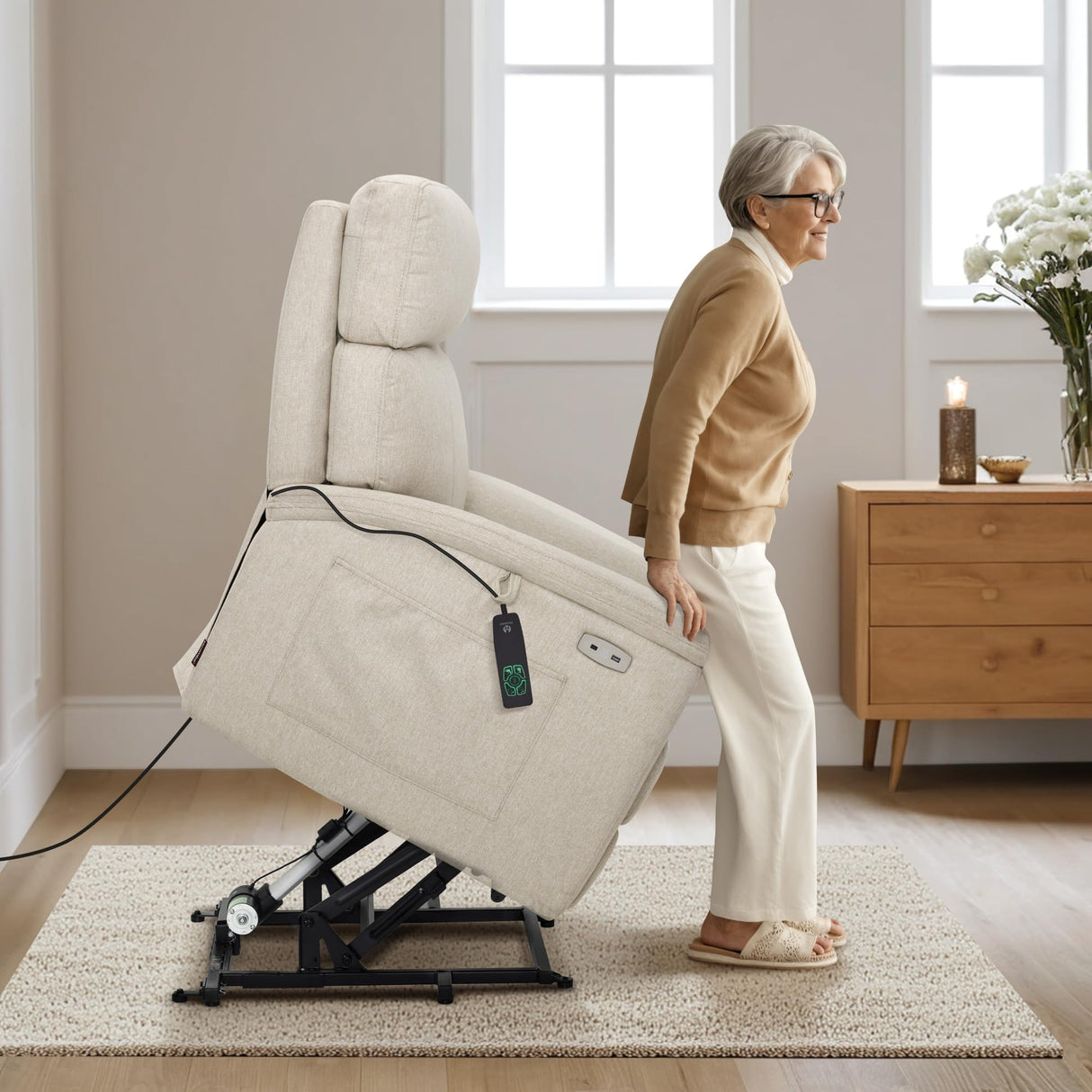 MCombo Power Lift Recliner Chair with Massage and Dual Heating, Adjustable Headrest, Extended Footrest for Elderly People, Fabric R7605 (Beige) MCombo