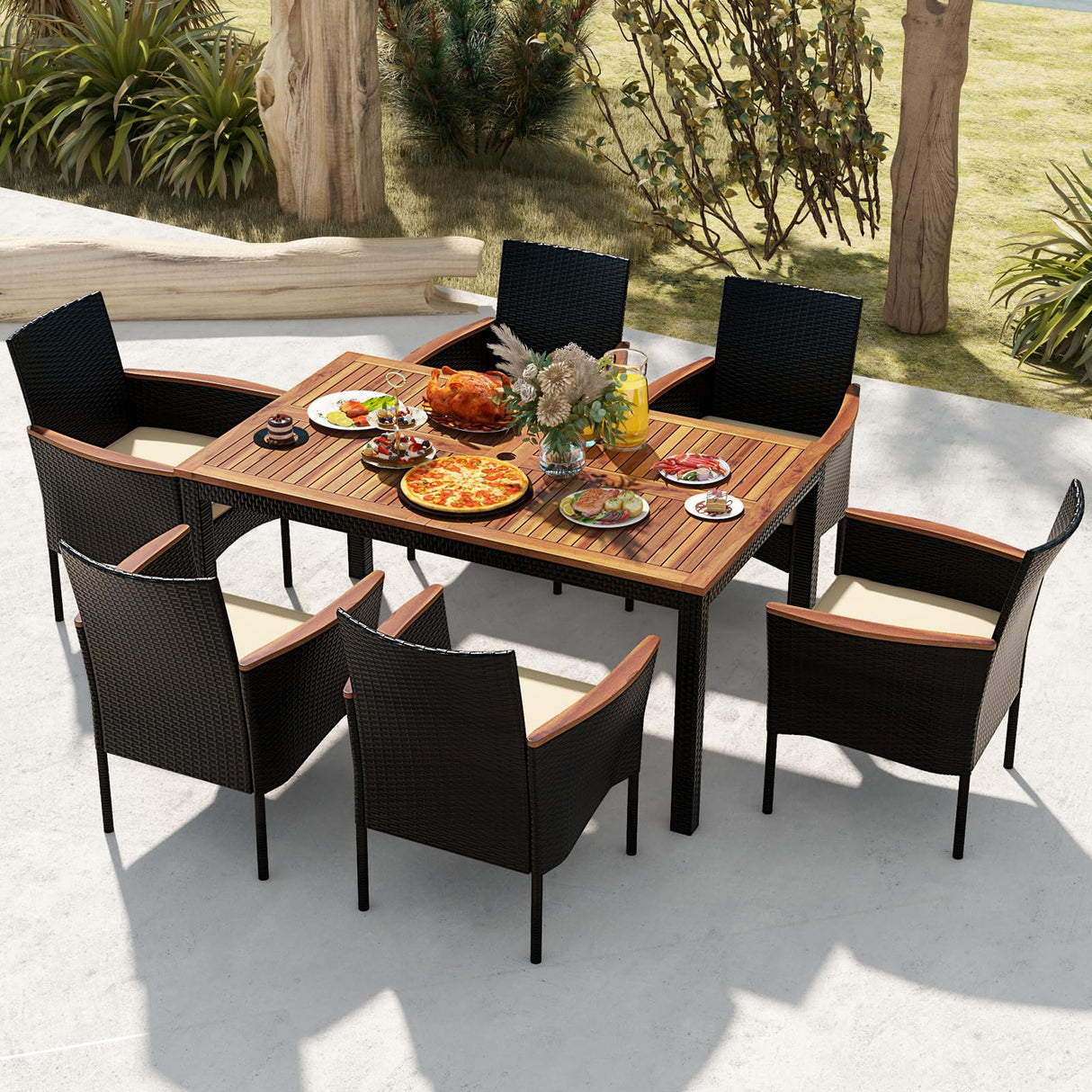 KOTEK Outdoor Dining Set for 6, PE Rattan Wicker Patio Furniture Set with Wood Table & Cushioned Armchairs, 1.96'' Umbrella Hole, Patio Table and Chairs Set for Garden, Backyard, Balcony, Poolside KOTEK
