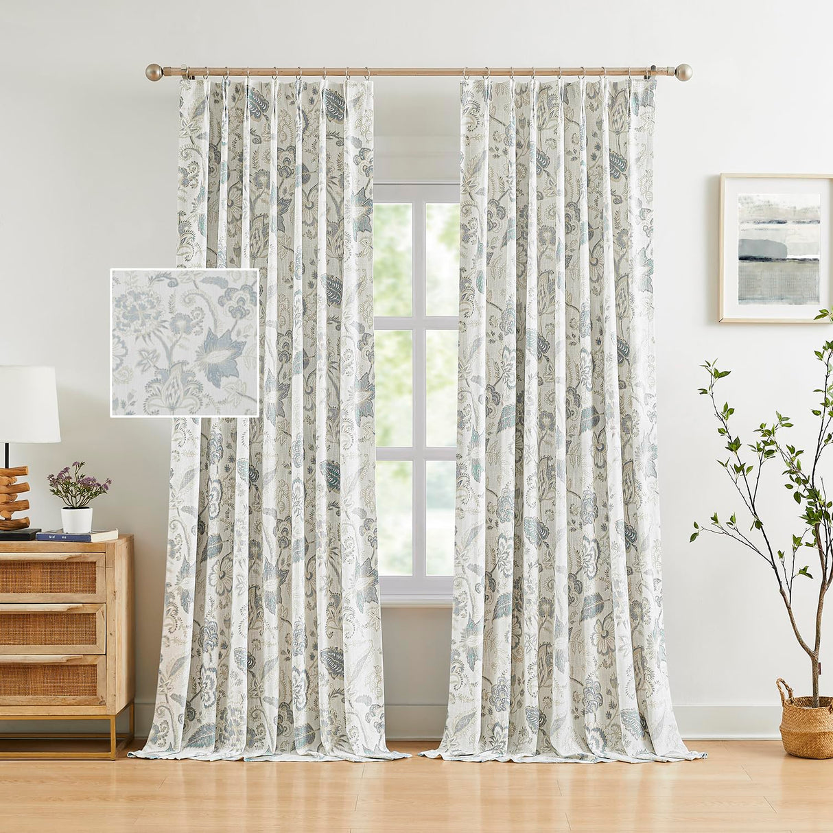 Kayne Studio Blue Grey Blackout Curtain Panels Linen Botanical Leaf Print Floral Farmhouse Drapes Soundproof Light Blocking Window Treatment Living Room Bedroom Pinch Pleated BackTab,40"x108",2 Panels Kayne Studio