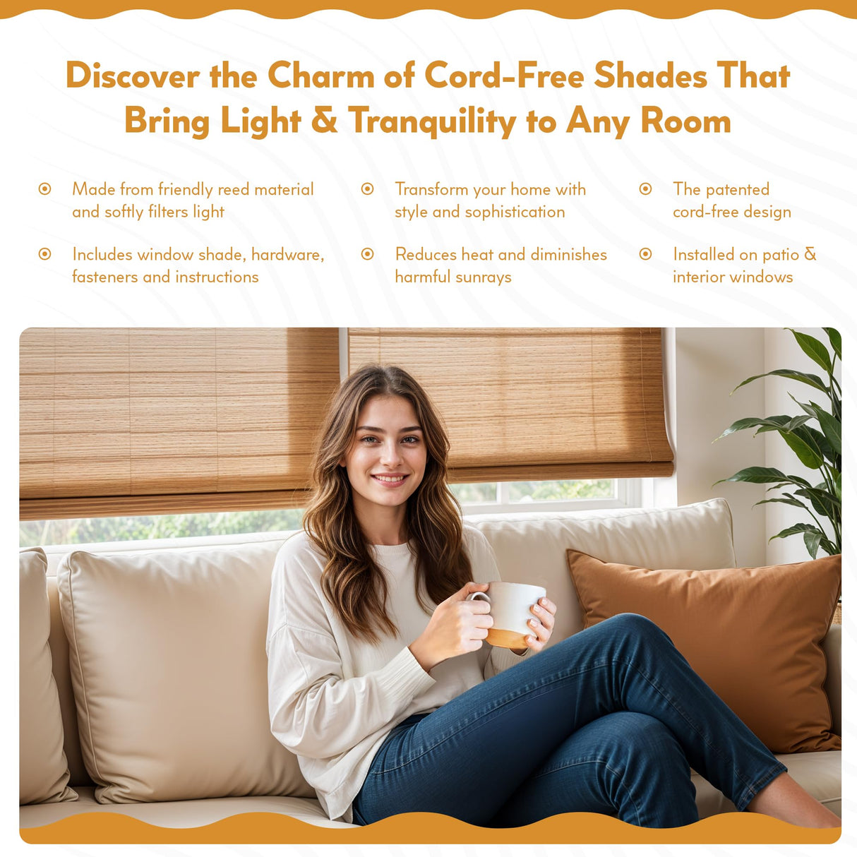 Radiance Cordless Bamboo Roman Shades for Windows - Flatstick Bamboo Blinds for Semi-Private Light Control - Easy to Lift & Fold Up Window Shades - Cocoa - 34 in. W x 64 in. L - (2216310E) Radiance