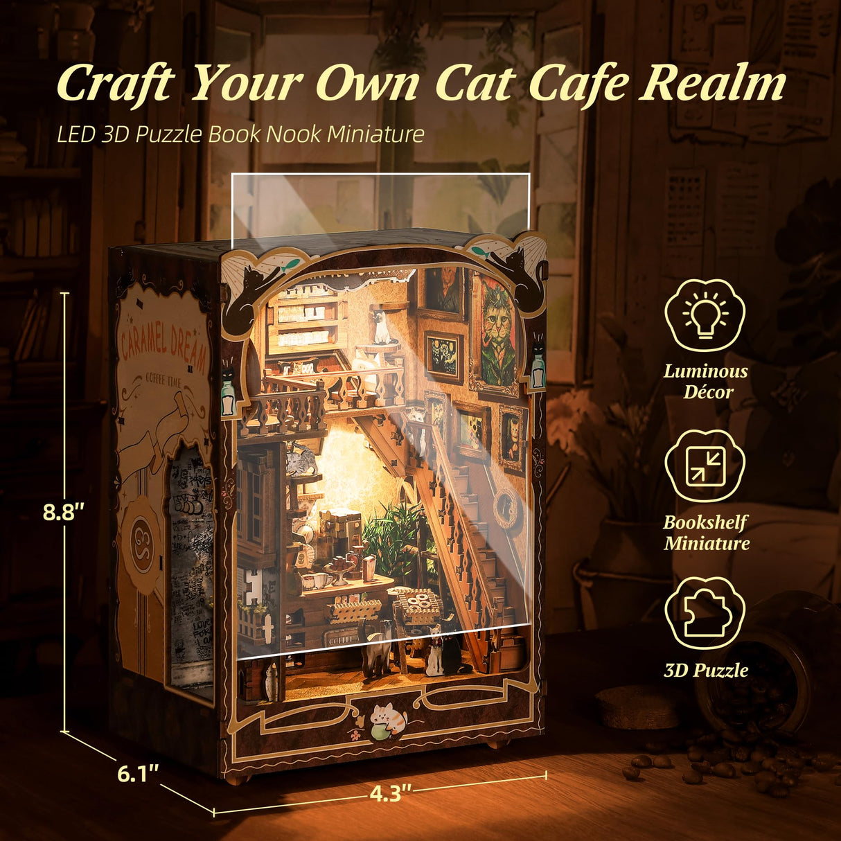 FUNPOLA 3D Wood Puzzle Book Nook Kit, Caramel Dream Cat Café Bookshelf Insert with LED Lights, DIY Miniature Bookend Décor for Display, Cozy Craft Gift for Cat Lovers and Teens (Caramel Dream) FUNPOLA