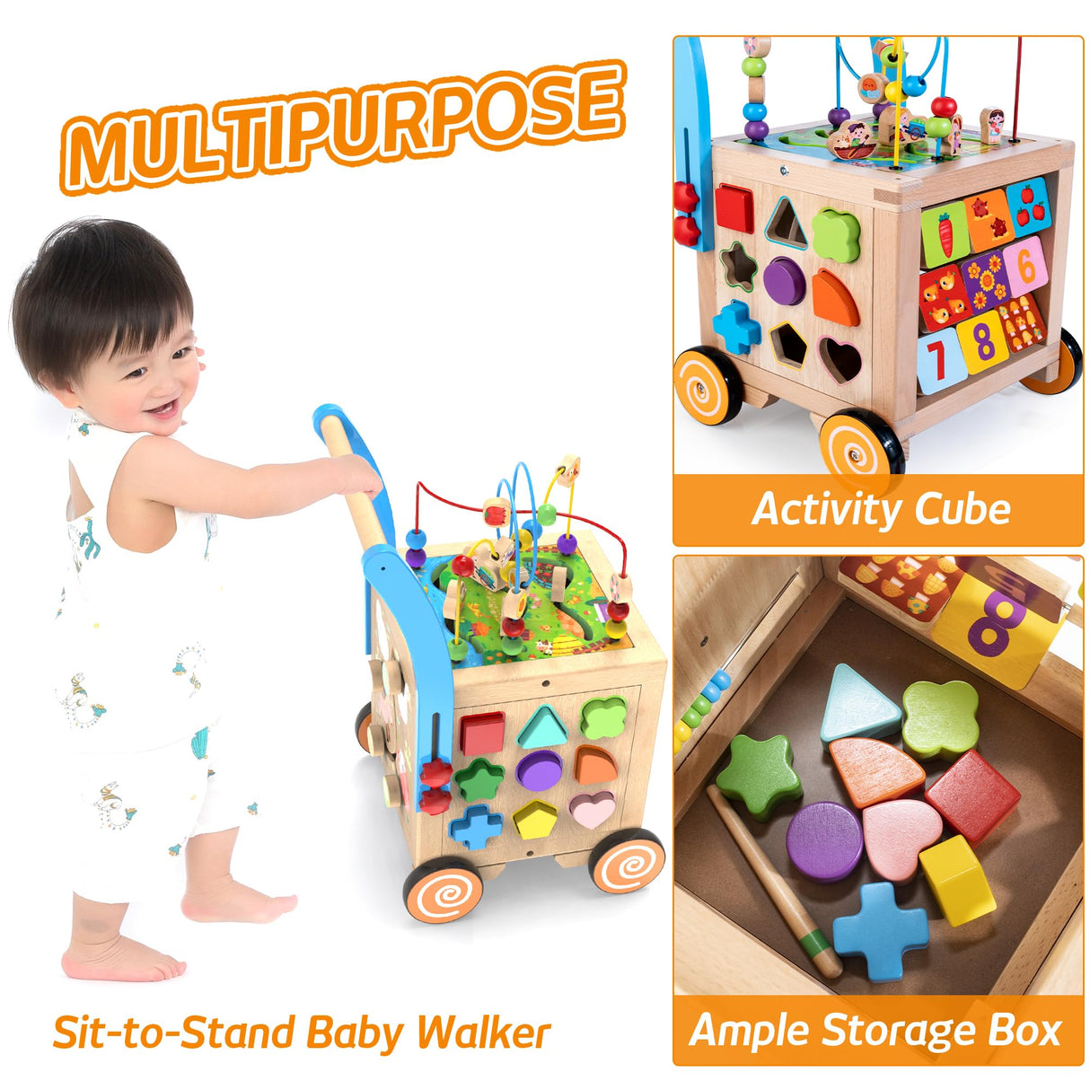 WOODMAM 9-in-1 Wooden Activity Cube | Wooden Baby Walker, Sit-to-Stand Learning Walker Activity Center, Early Educational Push & Pull Toys for Baby Toddler Boys Girls, Height & Brake Adjustable WOODMAM