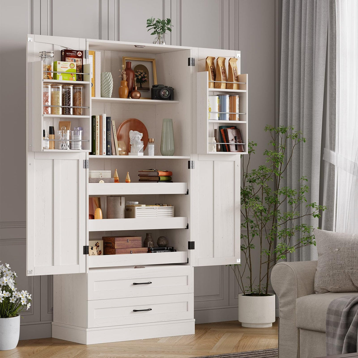 ONBRILL 71" Tall Farmhouse Kitchen Pantry Cabinet with 3 Pull Out Shelves & 2 Large Drawers, Pantry Storage Cabinet with 6 Door Shelves & Adjustable Shelf, Freestanding Pantry for Kitchen, Dining Room ONBRILL