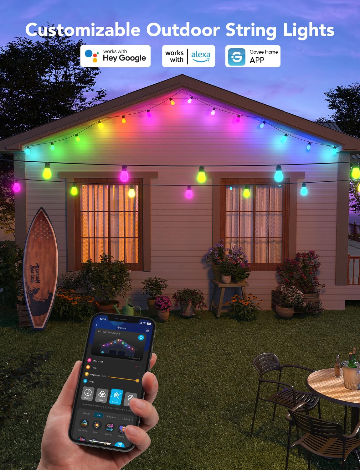 Govee Smart Outdoor String Lights H7021, RGBIC Warm White 96ft (2 Ropes of 48ft) LED Bulbs for Christmas Decorations Outdoor, WiFi Patio Lights Work with Alexa, Google, APP Control, IP65 Waterproof Govee
