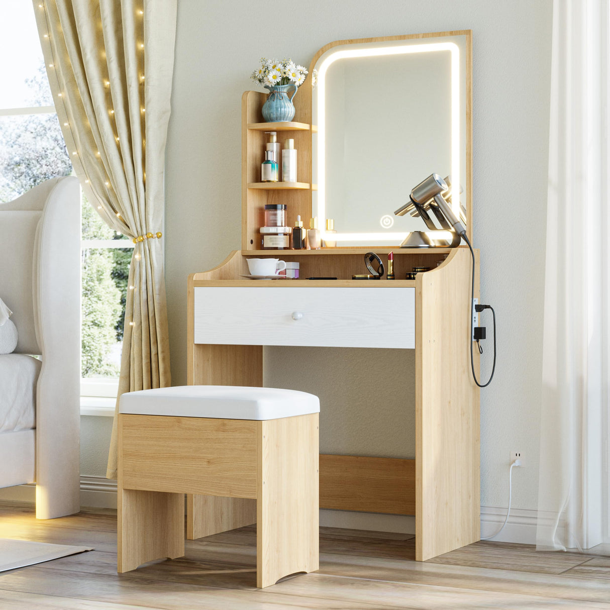 LIKIMIO Small Makeup Vanity Desk with Mirror and Lights, Vanity Table Set with Storage Drawer, Chair and Three Shelves, Bedroom, Wood LIKIMIO