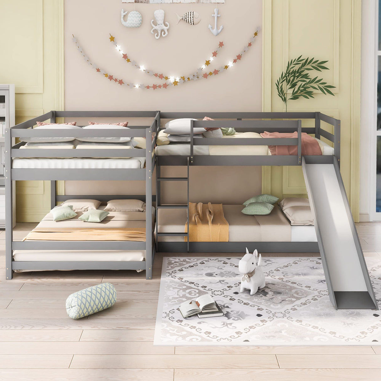 L-Shaped Bunk Beds for 4, Full over Twin Bunk Beds with Slide, Solid Wood Quad Bunk Bed for Kids, Teens, Adults, Grey Bellemave