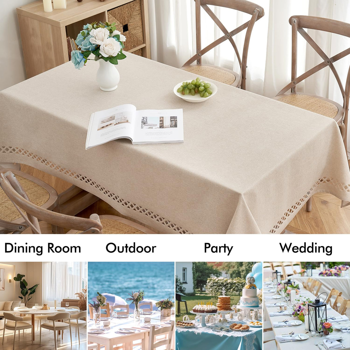 MIULEE Natural Thick Polyester Linen Rectangle Tablecloth with Decorative Cutouts Waterproof Stain and Wrinkle Resistant Table Cloth Farmhouse Table Cover for Thanksgiving Dining Party, 55 x 120 inch MIULEE