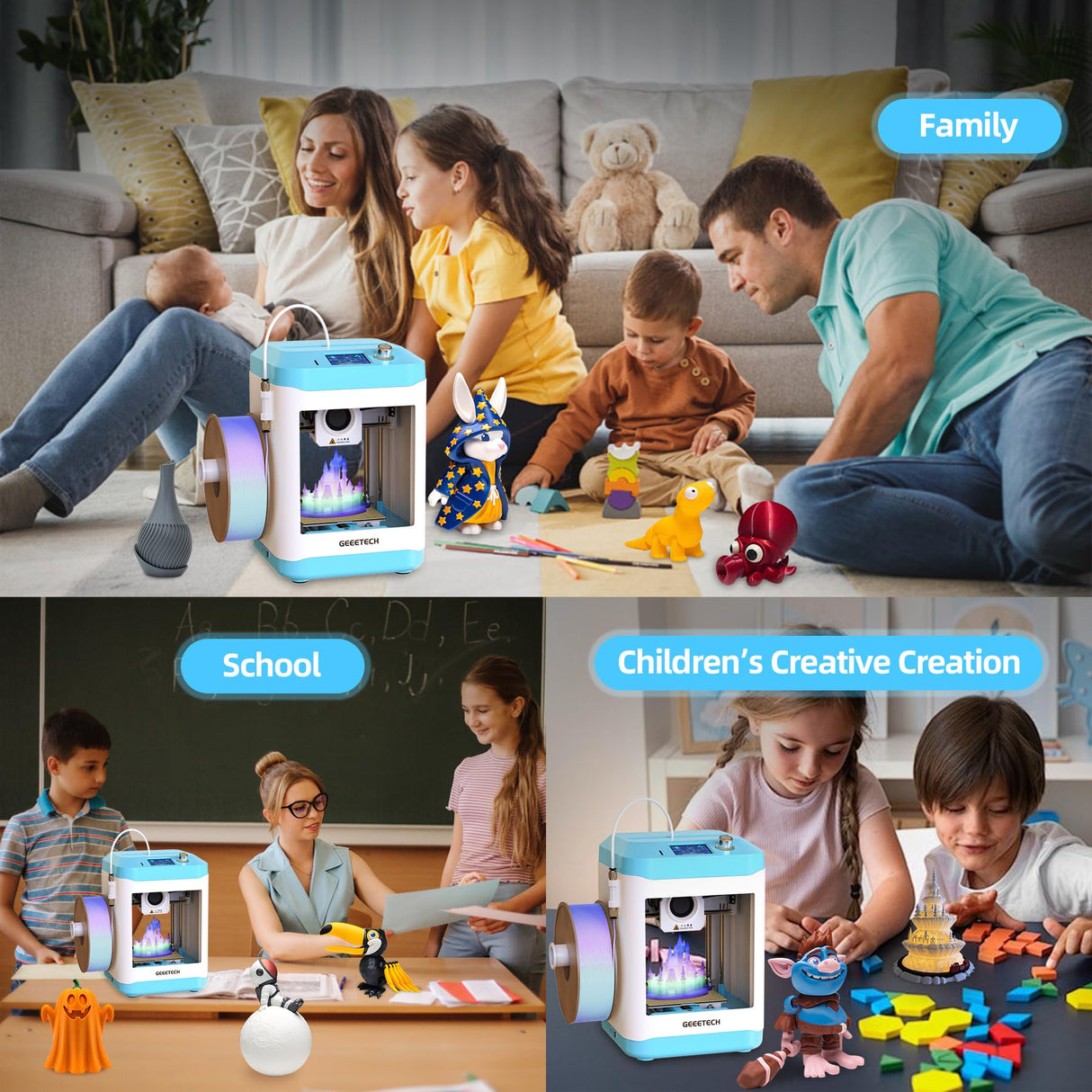 Geeetech 3D Printer for Kids & Beginners, High-Speed Mini 3D Printer, Auto-Leveling, Child-Safe Design, Fully Open Source Pre-Assembled STEM Learning Tool, 3.94x4.33x3.94in Print Size for Home/School Geeetech