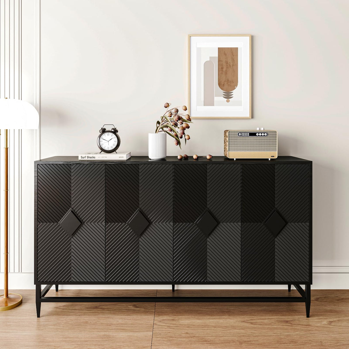 WILSHINE Sideboard Buffet with Storage Cabinet, 60" Black Buffets & Sideboards Credenza Wooden Entryway Table with 4 Doors and Adjustable Shelves for Dining Living Room Kitchen Coffee Bar WILSHINE