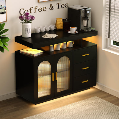 HWB Black RGB LED Coffee Bar Cabinet with Large Storage & Charging Station for Kitchen and Dining Room