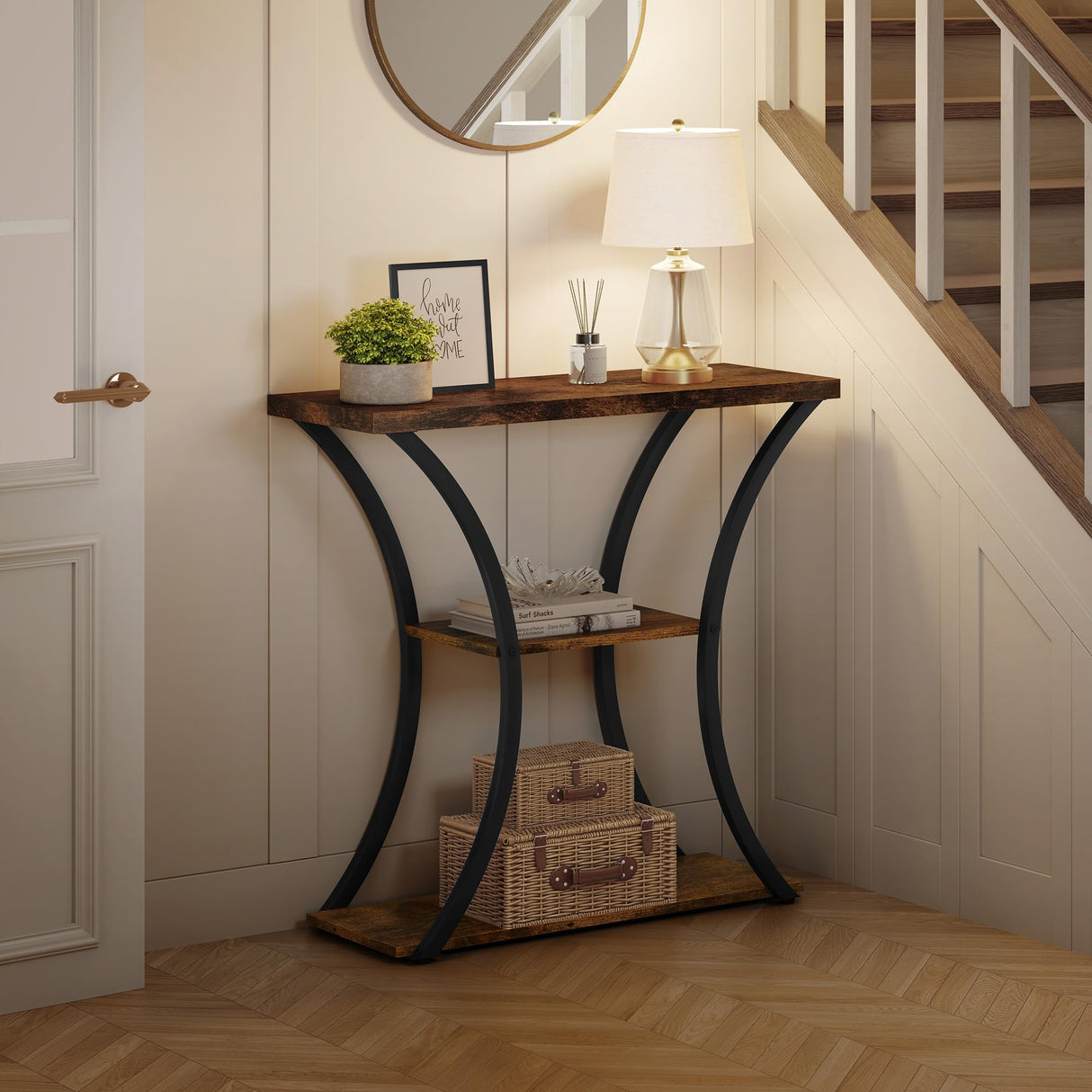Hoctieon 3 Tier Console Table with Open Wood Shelves, Decorative Entryway Table with Curved Metal Frames, Narrow Sofa Table for Entrance, Living Room, Hallway, Rustic Brown+Black Hoctieon