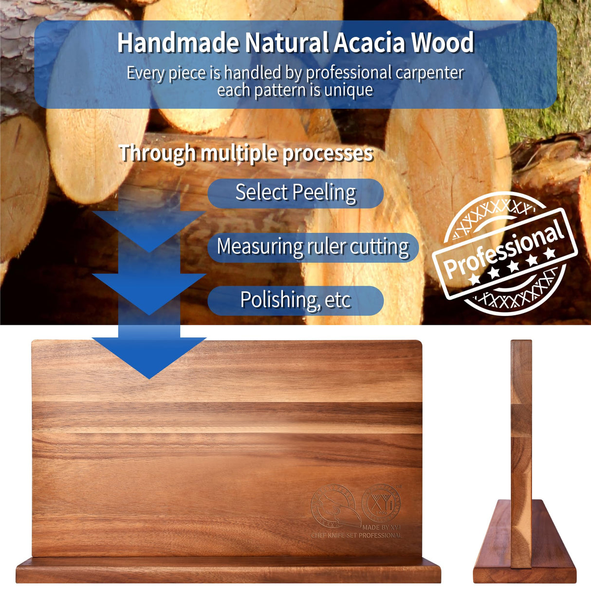 XYJ Extra Large Magnetic Knife Block Acacia Wood Knife Set Holder Stand With Stronge Magnetic Strip Kitchen Knives Storage Rack Organizer Tools No Drilling XYJ