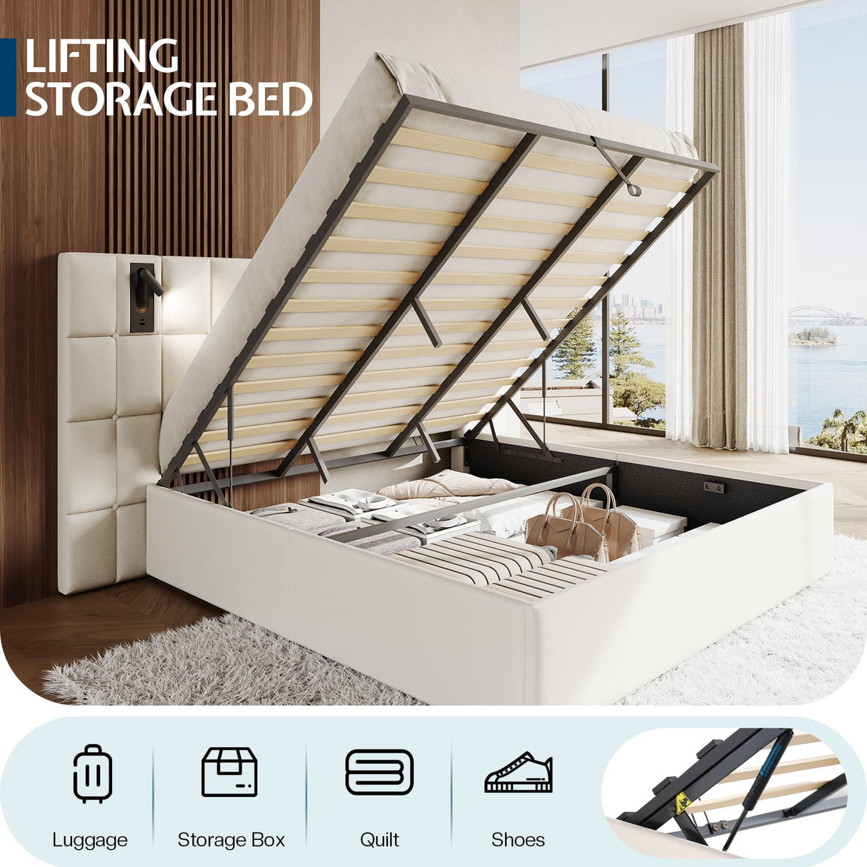 Jocisland King Size Upholstered Bed Frame with Widened Headboard,Lift-Up Storage Bed and Built-in Reading Light, Velvet Platform Frame, No Box Spring Required,Cream Jocisland