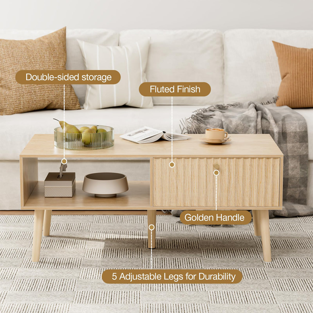 LCRBOL Coffee Table with Storage, Boho Dining Table with Fluted Drawer and Solid Wood Legs, Small Coffee Tables for Living Room, Oak