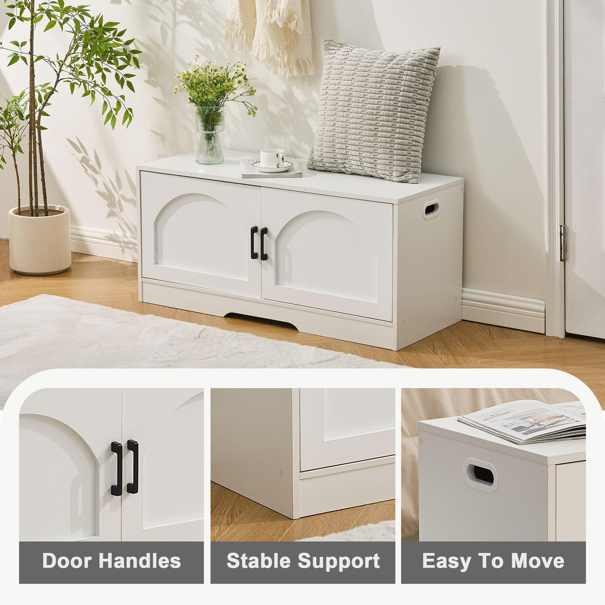 Shoe Bench, Entryway Storage Bench with 2 Doors, Shoe Rack Adjustable Shelves, Shoe Cabinet with Storage, 31.5" W x 13.8" D x 18.1" H for Entryway, Living Room, Hallway, Mudroom, Bedroom, White oakvivo