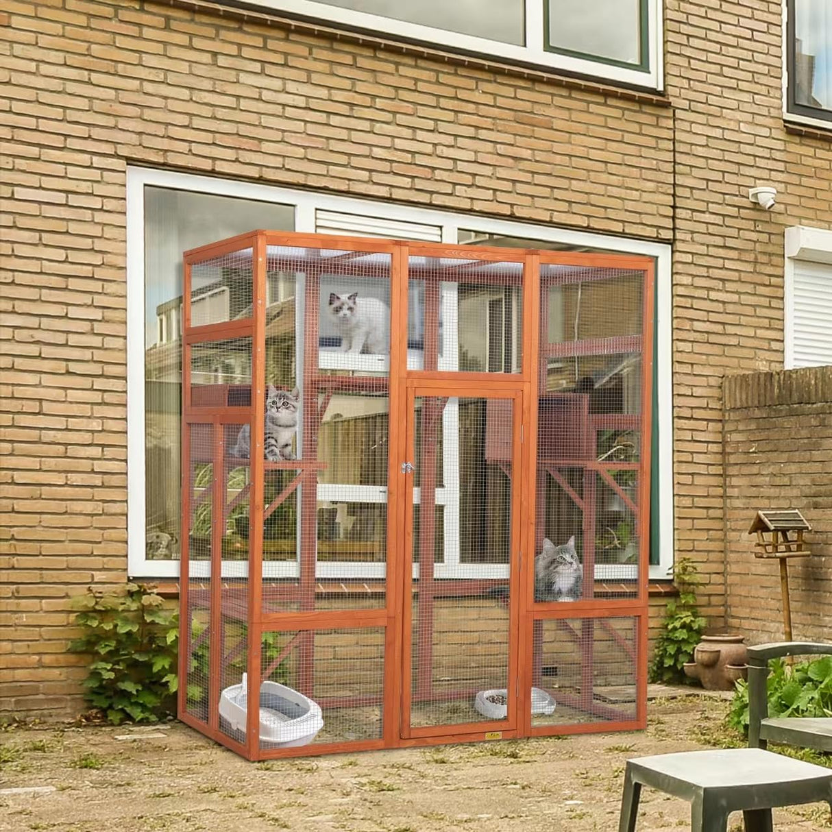 ISDAY Extra Large Outdoor Cat House Wooden Cat Cage Waterproof Roof Catio Outdoor Cat Enclosure - Cat Play & Run Enclosures Cat Playpen Window Cats Crate with 7 Platform and 2 Resting Box (Orange) WoodArtSupply