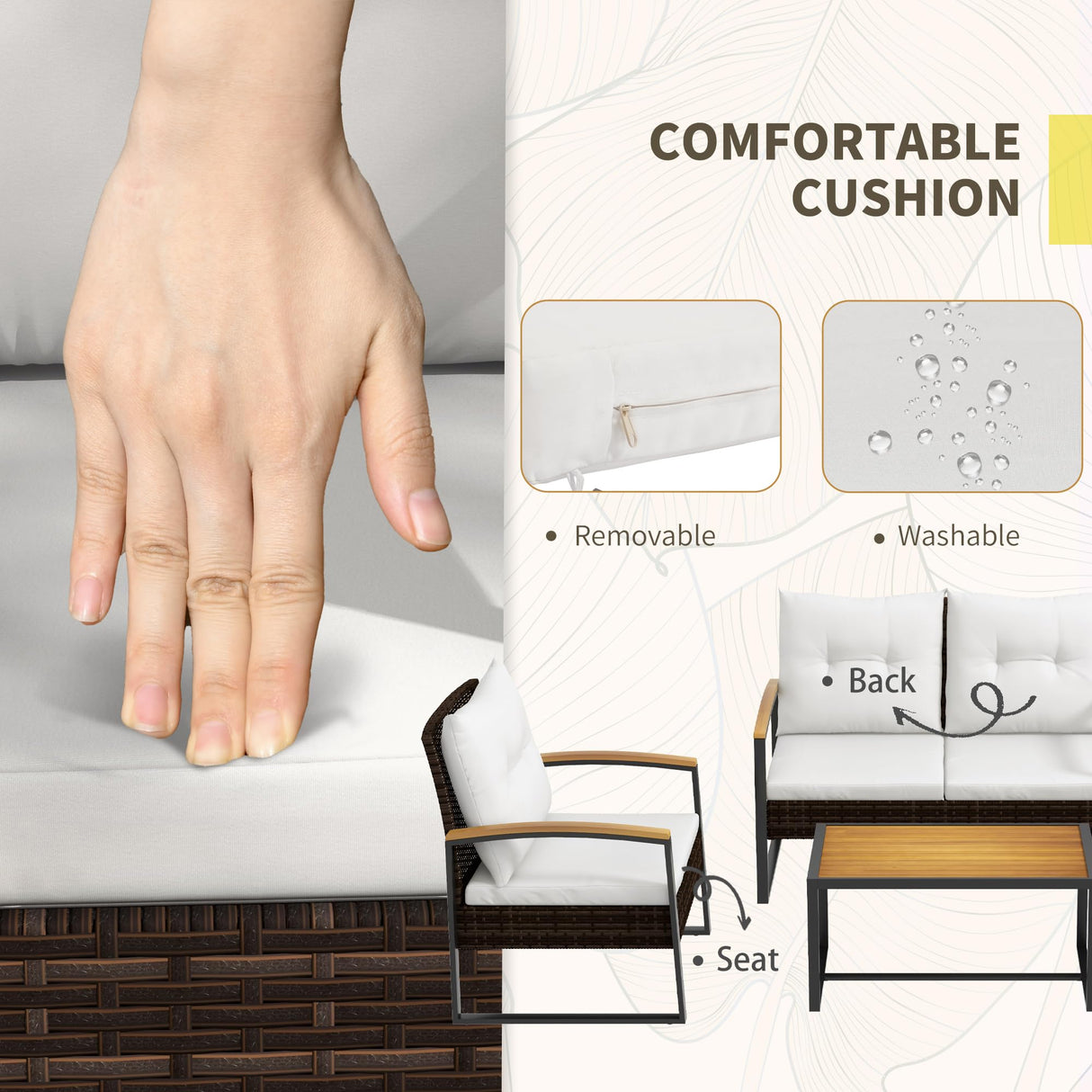 Outsunny 4 Piece Patio Furniture Set with 2 Chairs, Loveseat Sofa, Wood Table, Rattan Motifs, Tufted Cushions, Outdoor Conversation Set for Backyard, Lawn and Pool, White Outsunny