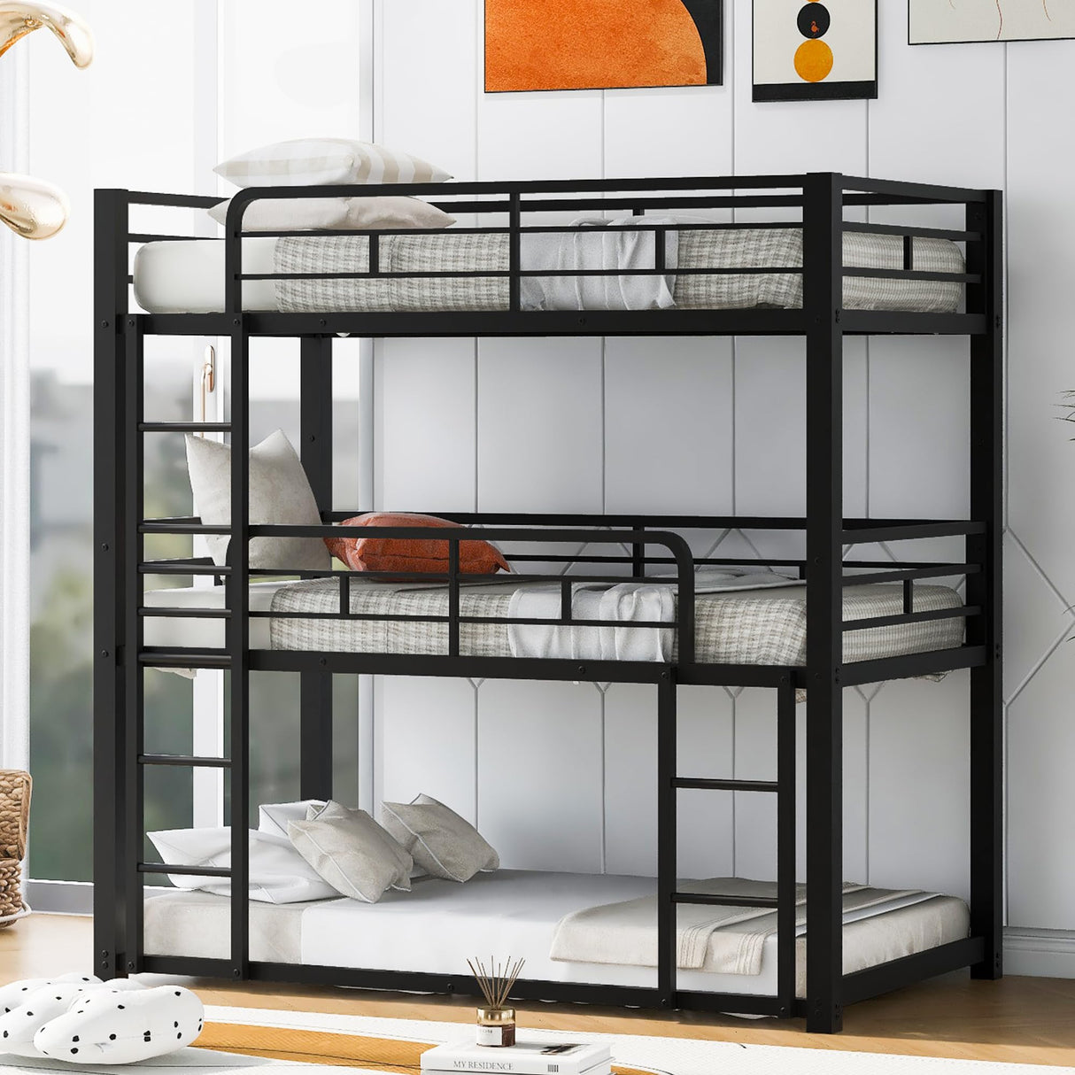 Triple Bunk Beds, Twin Over Twin Over Twin Metal Bunk Bed for Kids, Teens, Adults, Girls, Boys, Black Bellemave