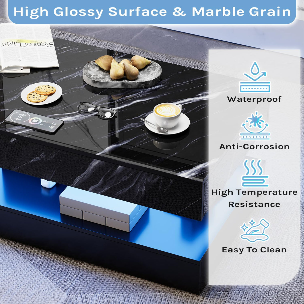 EROMMY 47.2" Modern High Glossy Coffee Table with Double-Layer Design, LED Coffee Table with 2 Sliding Drawers, Living Room Tables with Wireless Charging, 24 Colors LED Lights, APP Control, Black EROMMY