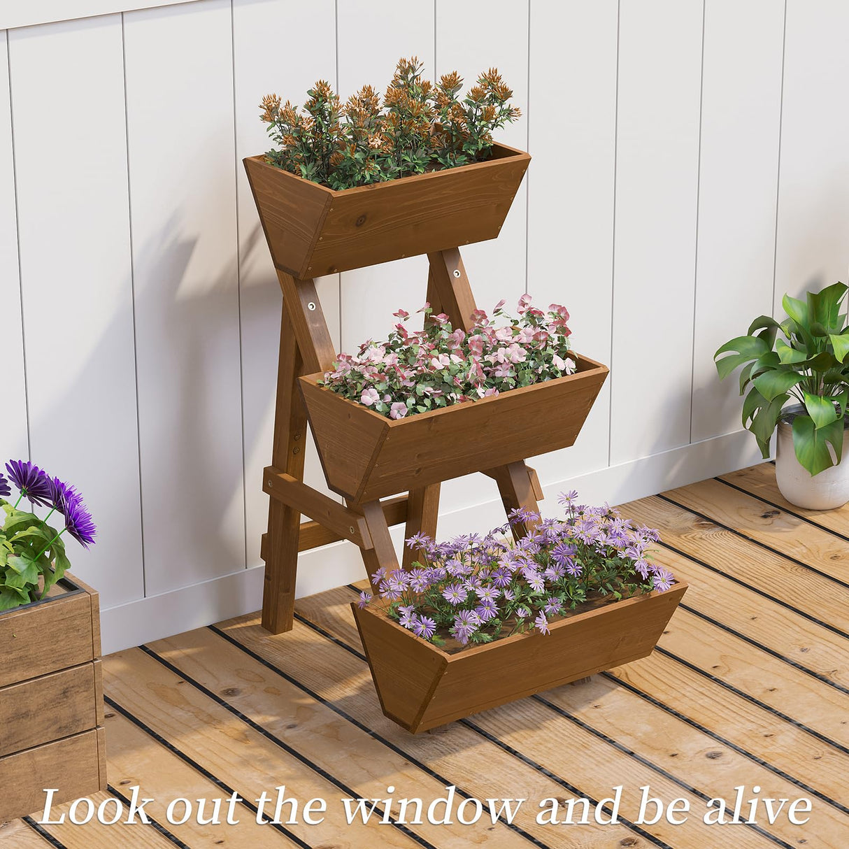 Kitsanery 3-Tiers Wooden Raised Garden Bed,Wood Planter Box for Vegetable,Flower Rack,Flower Pot Stands,Indoor Outdoor Gardening Planting Beds (Brown, Small) Kitsanery