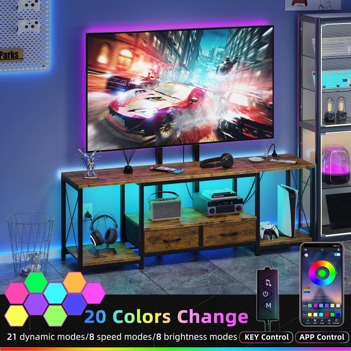 GYIIYUO LED TV Stand with Mount and Power Outlet & Fabric Drawers for 32-85 Inches TV - Entertainment Center and Corner Tv Stand for Living Room, Bedroom- 47" Rustic Brown (Max VESA 400mm × 600mm GYIIYUO