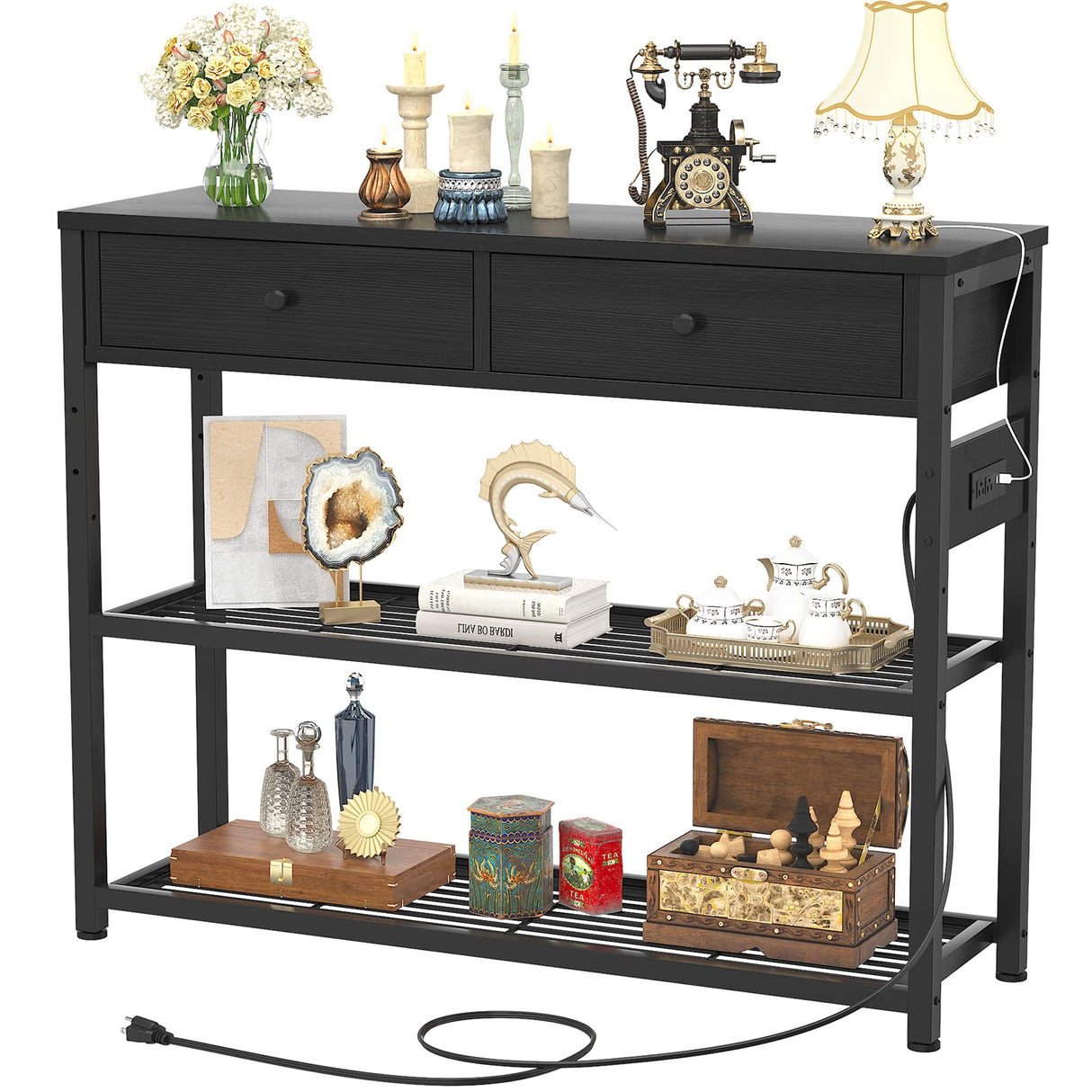 Ecoprsio Entryway Table with Outlets and USB Ports, Console Table with 2 Drawers, Small Sofa Table with Storage Shelves for Living Room, Couch, Hallway, Foyer, Kitchen Counter, 32'', Black Ecoprsio