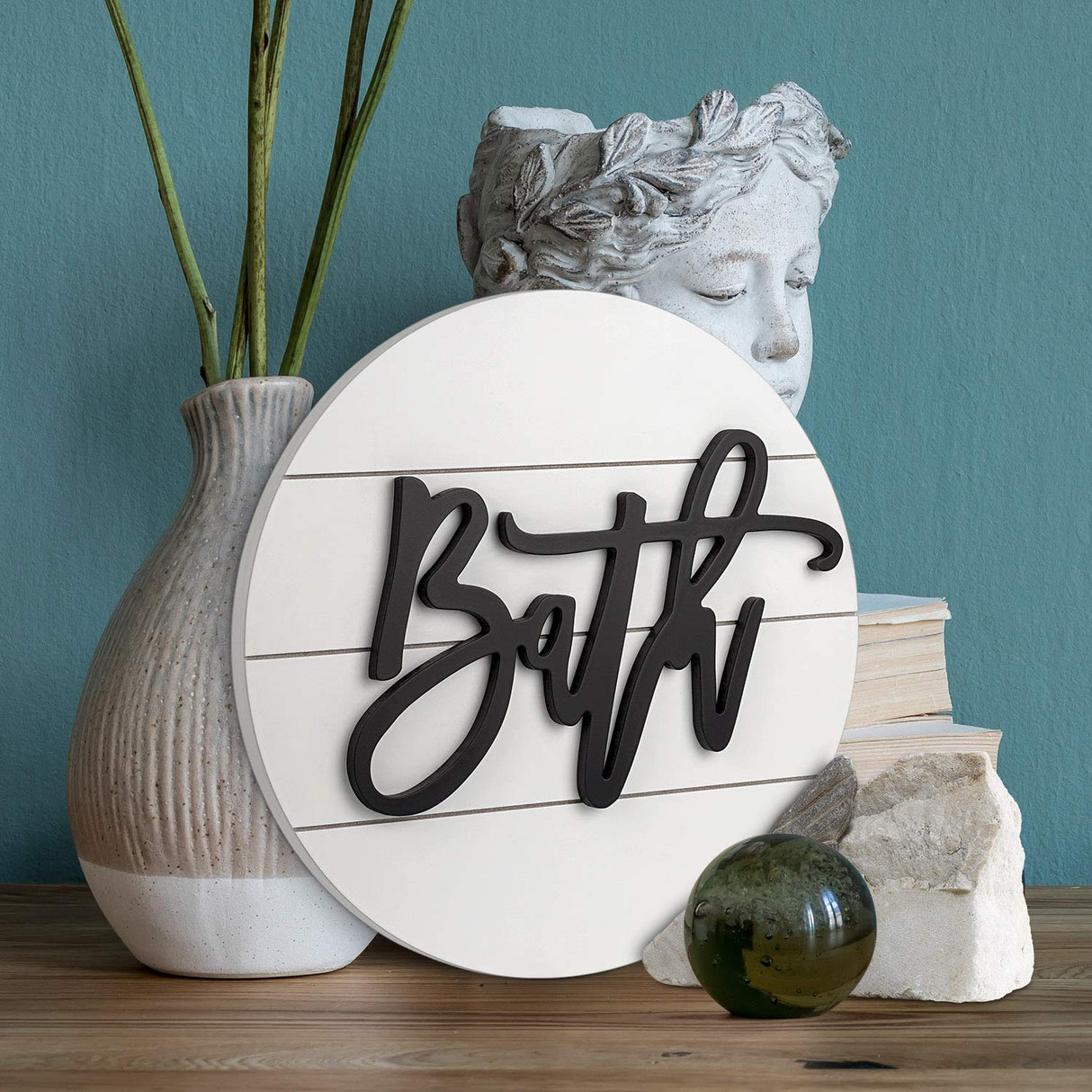 Modern Rustic 3D Bath Sign,Wooden, Handcrafted, Shiplap Farmhouse Bathroom Round Sign for Wall Hanging Décor for Home (White) Biewoos