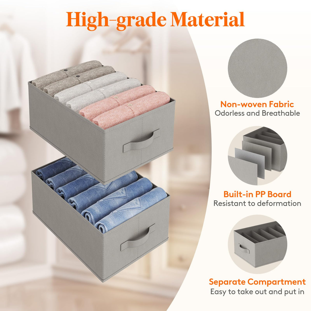 Lifewit Wardrobe Clothes Organizer 6 Pack, Large Size 6 Grids Closet Jean Storage Bins with Handles and Support Boards, Foldable Drawer Dividers for Sweater, Pants, T-Shirt, Hoodie, Dress, Grey Lifewit