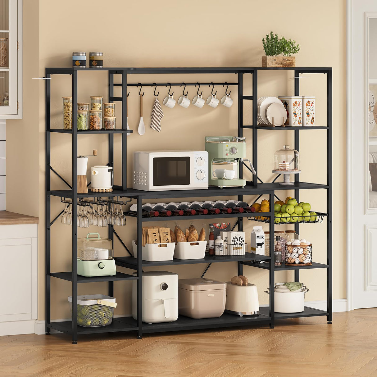 UPOSOJA Large Bakers Rack with Power Outlet, 62.4in Wide Kitchen Microwave Stand with Storage Shelves, 5-Tier Coffee Bar, Wine Rack, Goblet Holder, 8 Hooks, Wire Basket(Black, Large) UPOSOJA