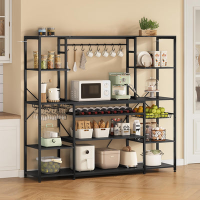 UPOSOJA Large Bakers Rack with Power Outlet, 62.4in Wide Kitchen Microwave Stand with Storage Shelves, 5-Tier Coffee Bar, Wine Rack, Goblet Holder, 8 Hooks, Wire Basket(Black, Large)