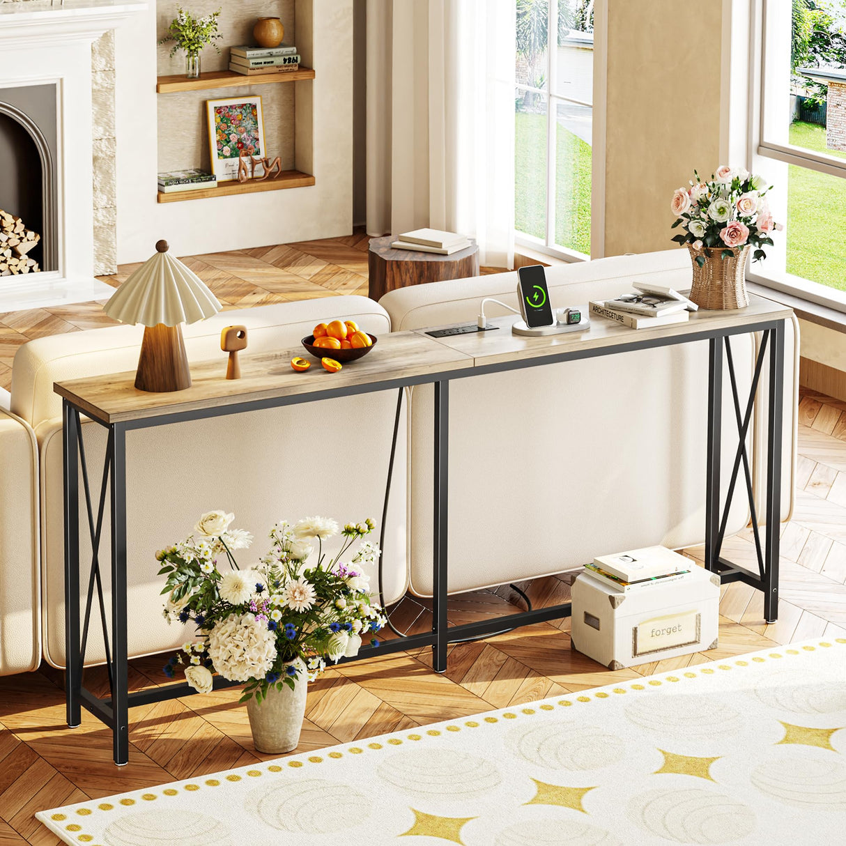 SUPERJARE 70 Inch Console Table with 2 Outlets, 1 Type-C and 1 USB Port, Extra Long Entryway Table with Metal Frame and X-Shaped Bars, Narrow Sofa Table for Living Room, Hallway, Grey Oak SUPERJARE